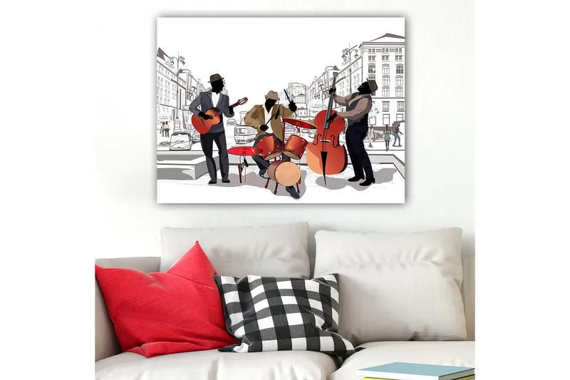 Canvastavla 70x100 cm - Tre musiker som spelar på gatan, med fokus på gitarr, trummor och kontrabas - Röd / Svart / Beige - Inredning - Tavlor & konst - Canvastavlor