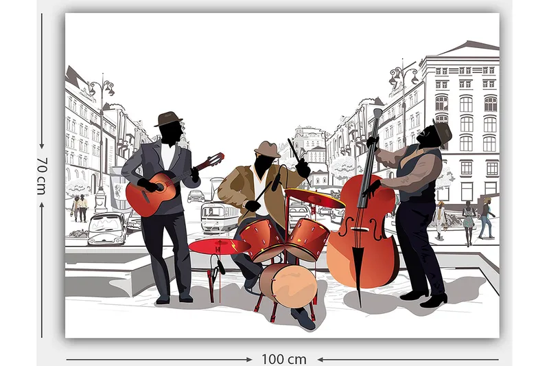 Canvastavla 70x100 cm - Tre musiker som spelar på gatan, med fokus på gitarr, trummor och kontrabas - Röd / Svart / Beige - Inredning - Tavlor & konst - Canvastavlor