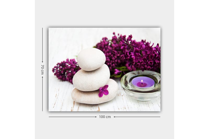 Canvastavla 70x100 cm - Tre staplade stenar med en lila blomma och ett doftljus i en lugn och harmonisk komposition - Ljusgrå / Lila - Inredning - Tavlor & konst - Canvastavlor