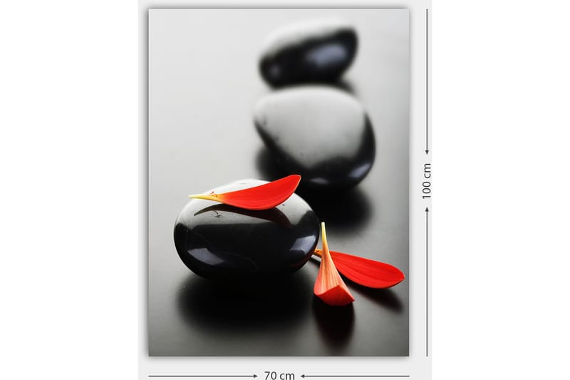 Canvastavla 70x100 cm - Tre svarta stenar med röda blomblad som skapar en harmonisk och avkopplande komposition - Svart / Röd - Inredning - Tavlor & konst - Canvastavlor