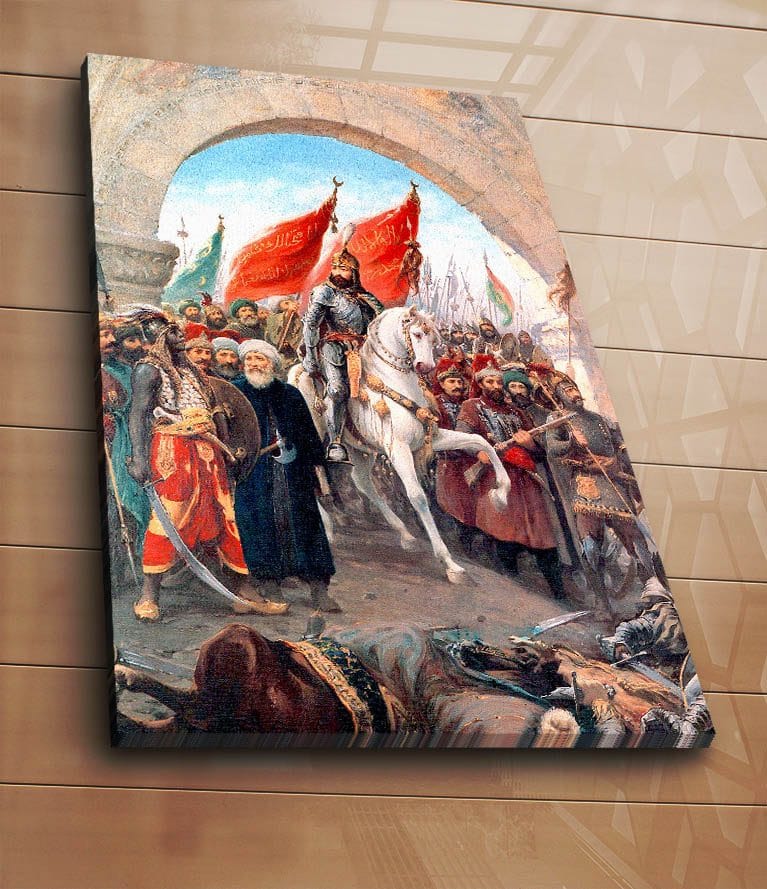 Canvastavla 70x100 cm - Triumferande ledare på en vit häst omgiven av en folkmassa med röda flaggor - Röd / Vit / Brun - Inredning - Tavlor & konst - Canvastavlor