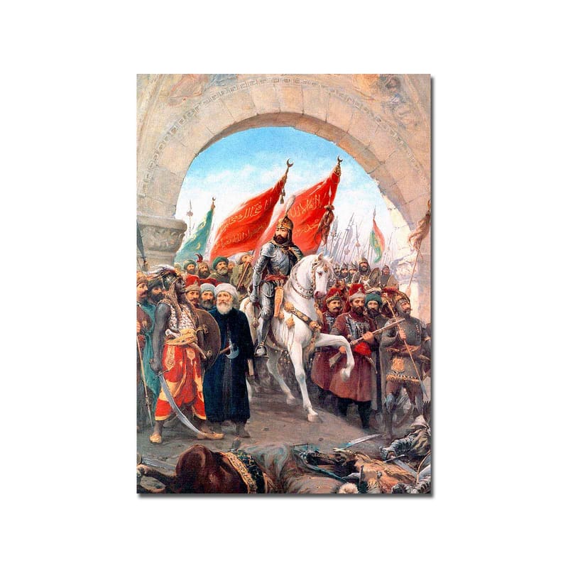 Canvastavla 70x100 cm - Triumferande ledare på en vit häst omgiven av en folkmassa med röda flaggor - Röd / Vit / Brun - Inredning - Tavlor & konst - Canvastavlor