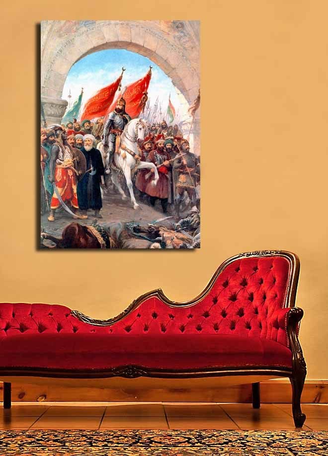 Canvastavla 70x100 cm - Triumferande ledare på en vit häst omgiven av en folkmassa med röda flaggor - Röd / Vit / Brun - Inredning - Tavlor & konst - Canvastavlor