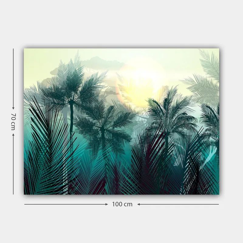 Canvastavla 70x100 cm - Tropisk landskap med palmer och en soluppgång i bakgrunden - Turkos / Grön / Gul - Inredning - Tavlor & konst - Canvastavlor