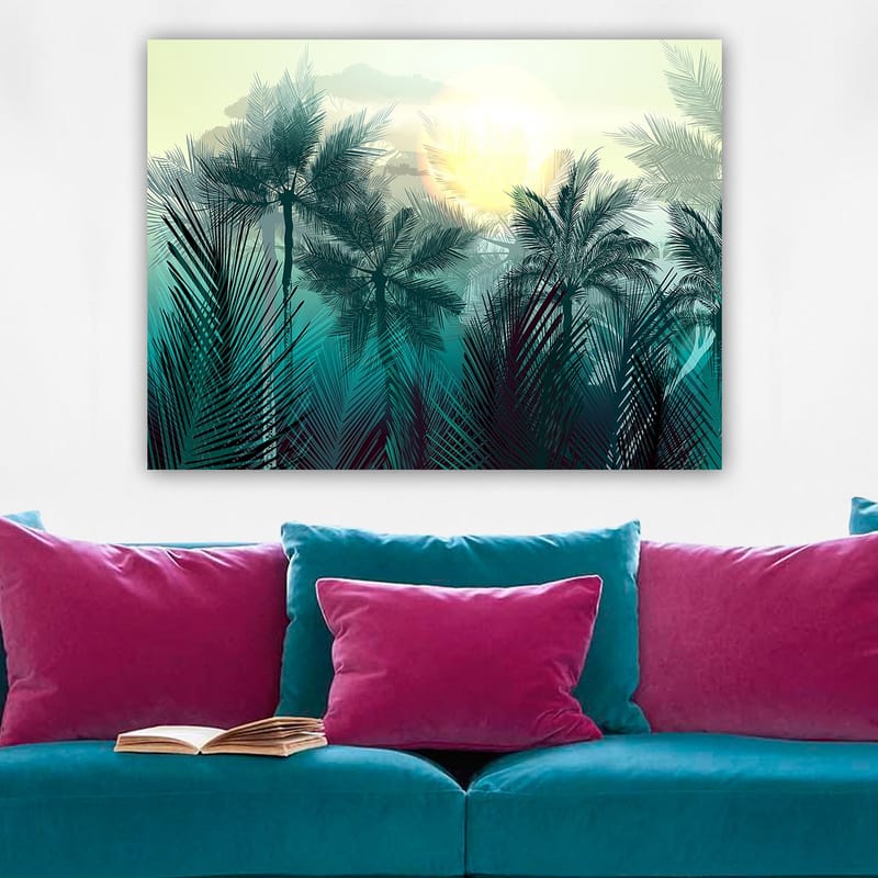 Canvastavla 70x100 cm - Tropisk landskap med palmer och en soluppgång i bakgrunden - Turkos / Grön / Gul - Inredning - Tavlor & konst - Canvastavlor