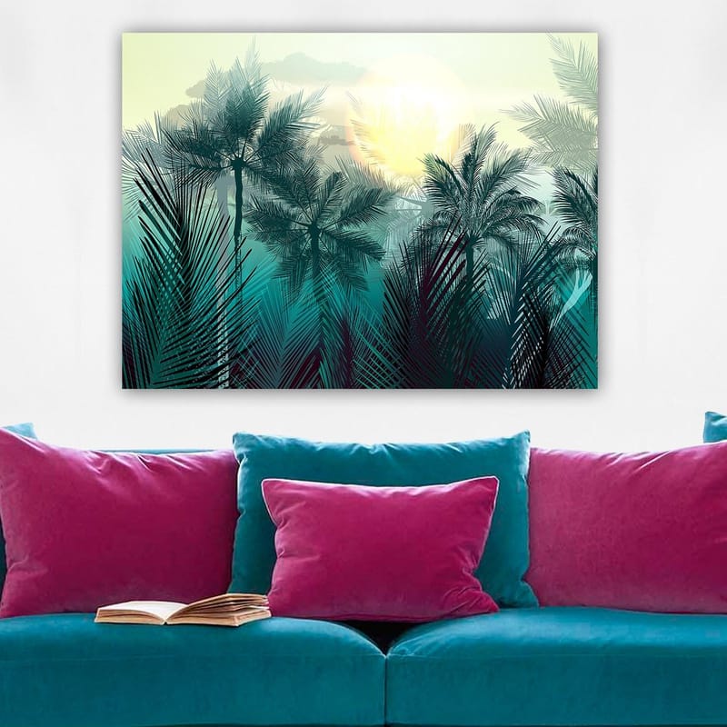 Canvastavla 70x100 cm - Tropisk landskap med palmer och en soluppgång i bakgrunden - Turkos / Grön / Gul - Inredning - Tavlor & konst - Canvastavlor