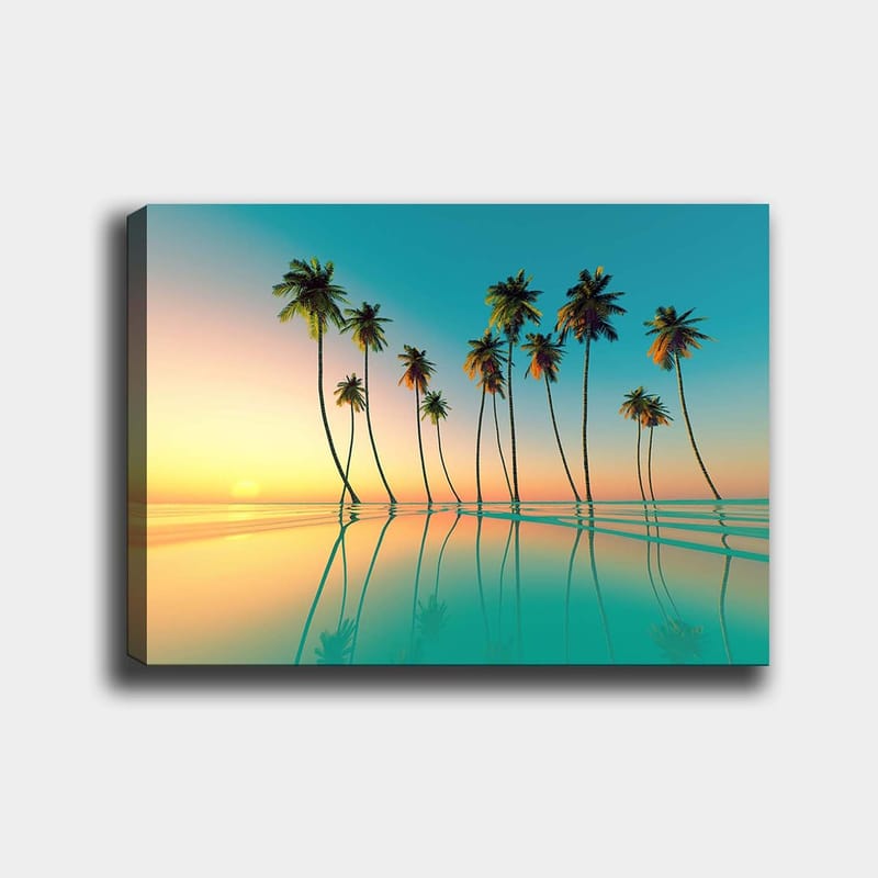 Canvastavla 70x100 cm - Tropisk solnedgång med palmer som speglas i stilla vatten, Turkos / Orange / Grön