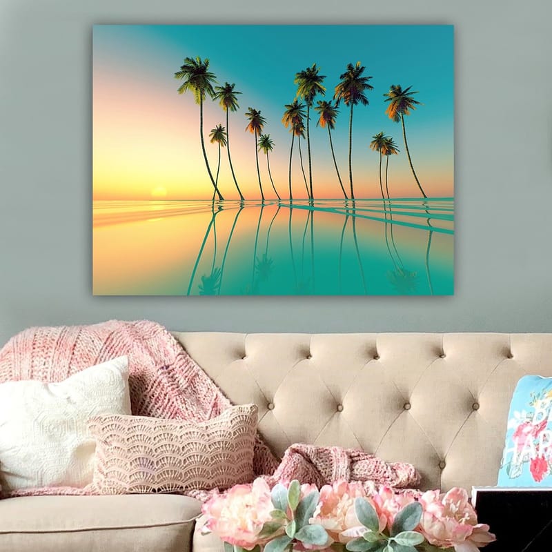 Canvastavla 70x100 cm - Tropisk solnedgång med palmer som speglas i stilla vatten - Turkos / Orange / Grön - Inredning - Tavlor & konst - Canvastavlor