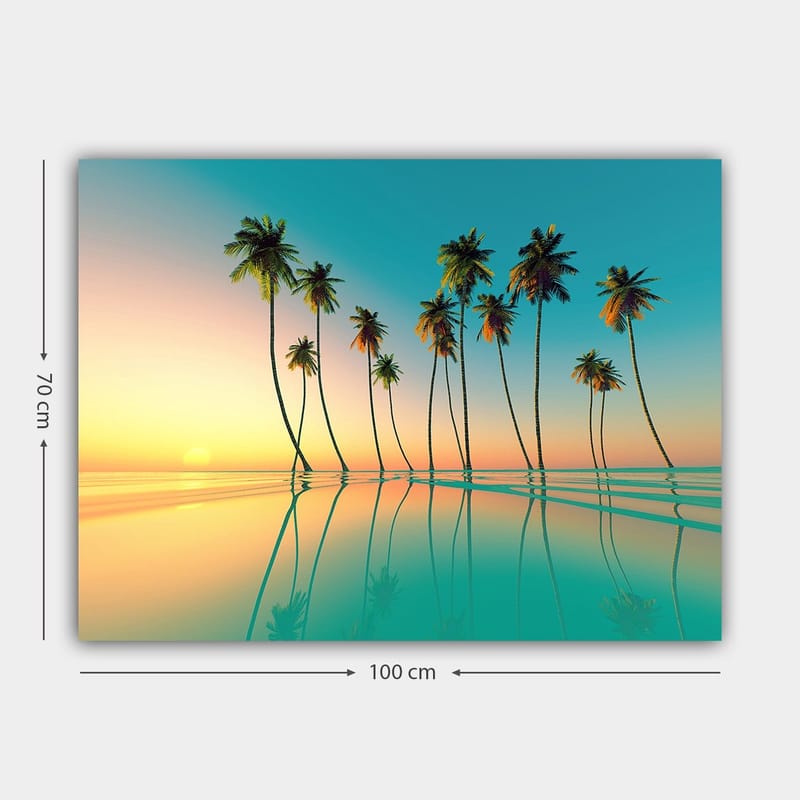 Canvastavla 70x100 cm - Tropisk solnedgång med palmer som speglas i stilla vatten - Turkos / Orange / Grön - Inredning - Tavlor & konst - Canvastavlor