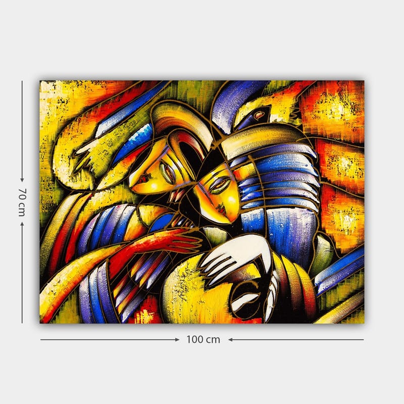 Canvastavla 70x100 cm - Två abstrakta figurer som omfamnar varandra i en känslosam komposition - Gult / Blått / Rött - Inredning - Tavlor & konst - Canvastavlor