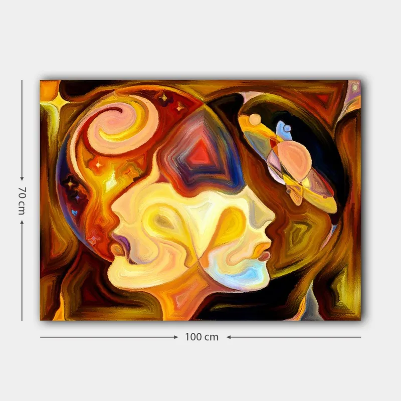 Canvastavla 70x100 cm - Två ansikten i profil som förenas i en abstrakt komposition med inslag av rymden - Guld / Orange / Brun - Inredning - Tavlor & konst - Canvastavlor