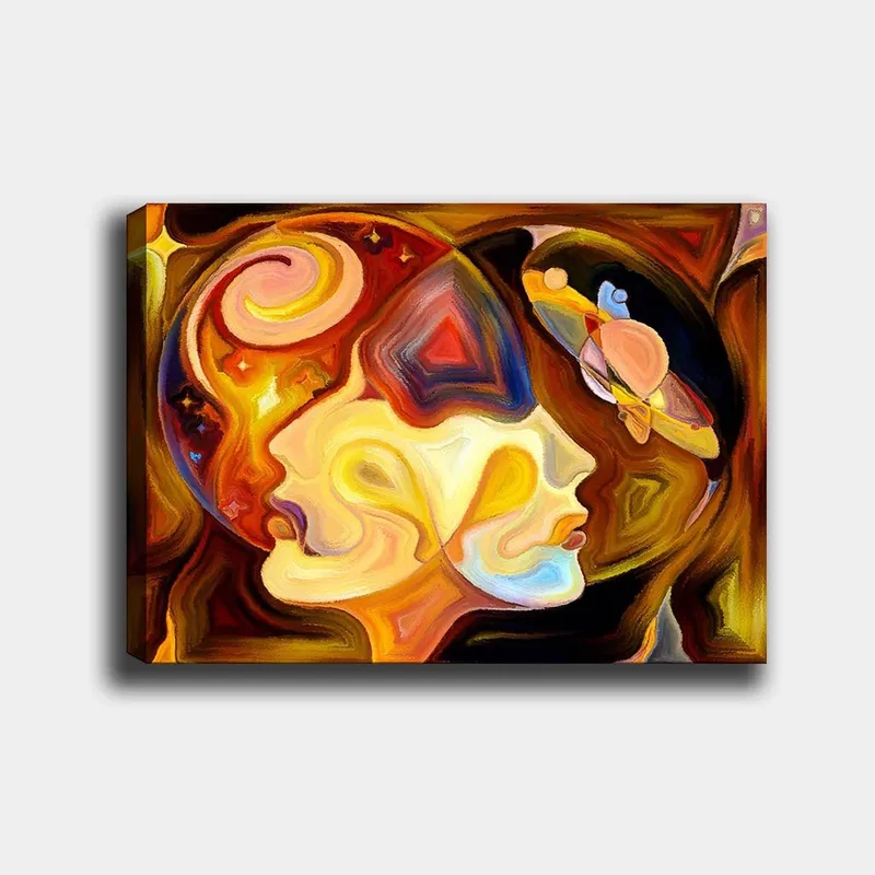 Canvastavla 70x100 cm - Två ansikten i profil som förenas i en abstrakt komposition med inslag av rymden, Guld / Orange / Brun