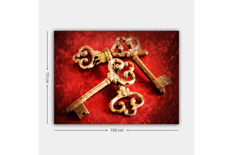 Canvastavla 70x100 cm - Två antika nycklar med dekorativa detaljer på en röd bakgrund - Guld / Röd - Inredning - Tavlor & konst - Canvastavlor
