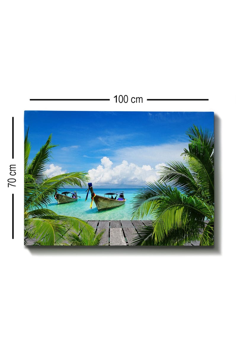 Canvastavla 70x100 cm - Två båtar i klart turkost vatten omgivna av palmer och en träbrygga - Turkos / Grön / Blå - Inredning - Tavlor & konst - Canvastavlor