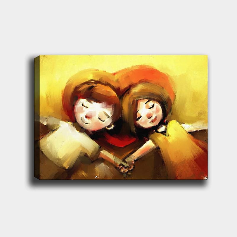 Canvastavla 70x100 cm - Två barn som håller händerna och ligger tillsammans i en hjärtformad komposition, Guldgul / Röd / Brun