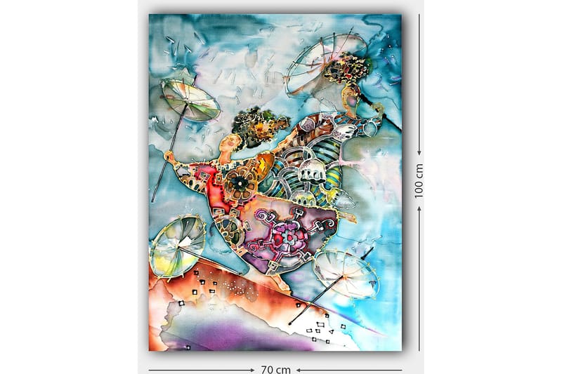 Canvastavla 70x100 cm - Två dansande figurer med paraplyer i en färgglad och livlig komposition - Blå / Orange / Grön - Inredning - Tavlor & konst - Canvastavlor