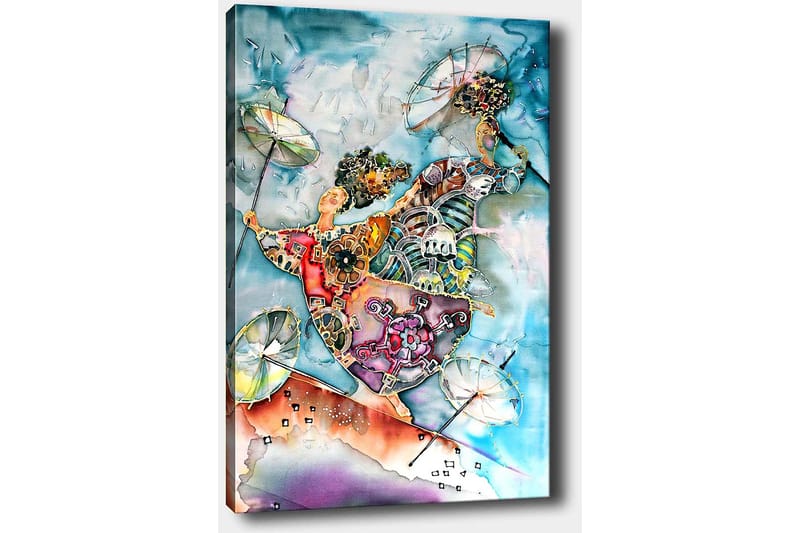 Canvastavla 70x100 cm - Två dansande figurer med paraplyer i en färgglad och livlig komposition - Blå / Orange / Grön - Inredning - Tavlor & konst - Canvastavlor