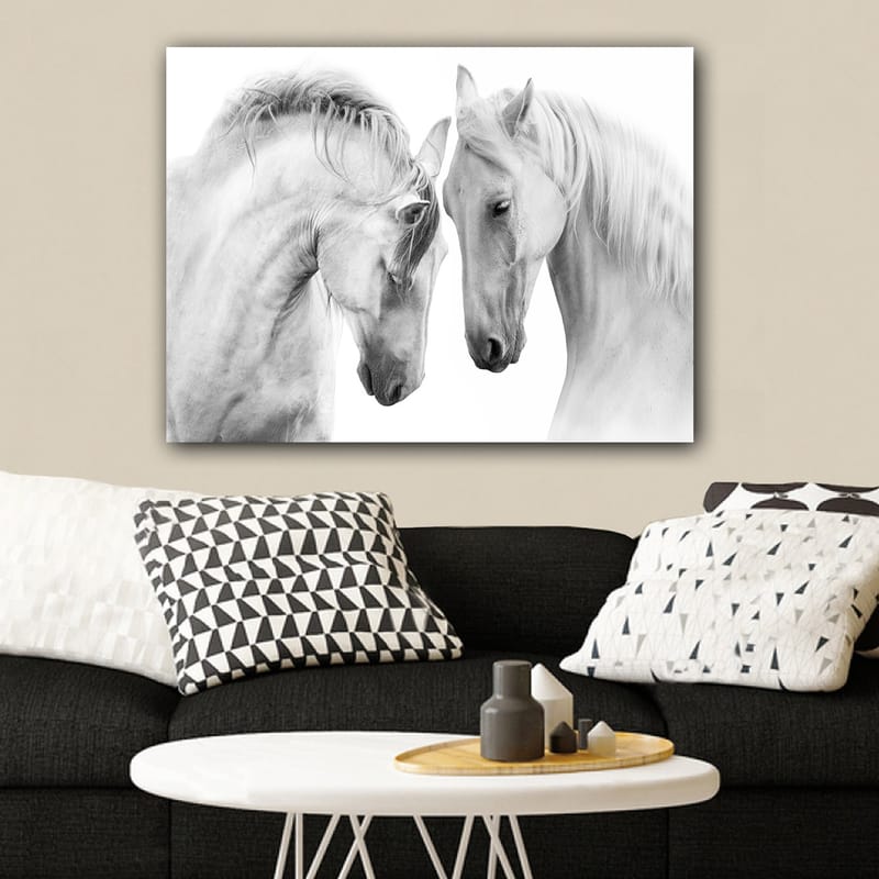 Canvastavla 70x100 cm - Två eleganta hästar som står nära varandra och visar en känsla av samhörighet - Vit / Grå - Inredning - Tavlor & konst - Canvastavlor
