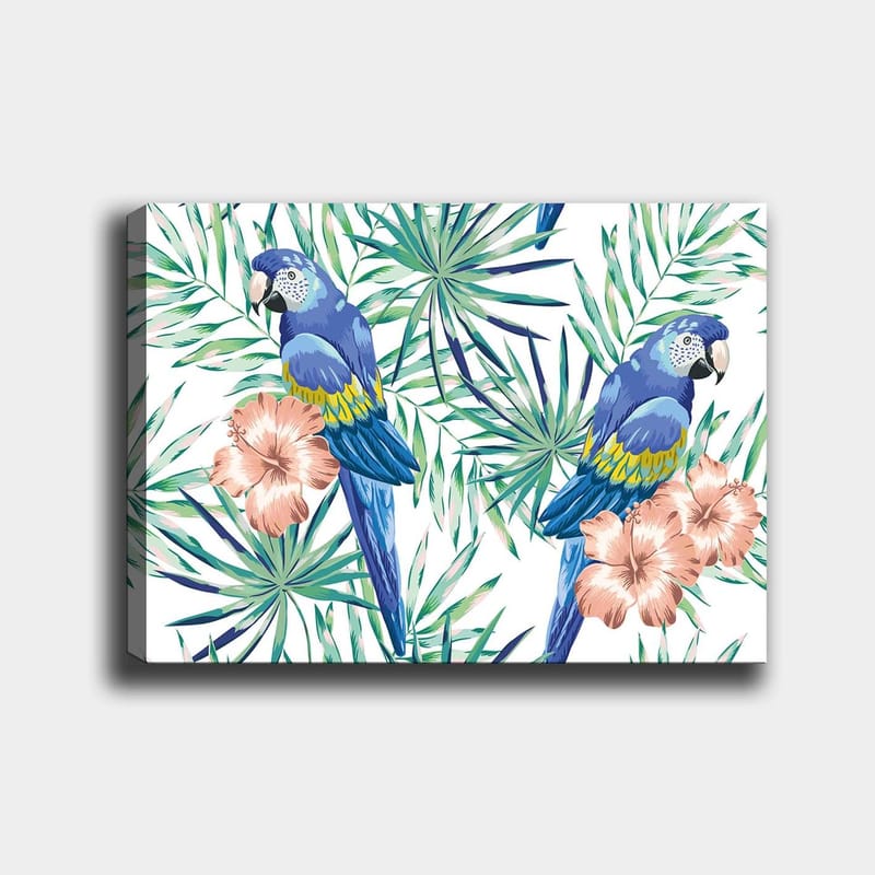 Canvastavla 70x100 cm - Två färgglada papegojor omgivna av tropiska växter och blommor, Blå / Grön / Rosa