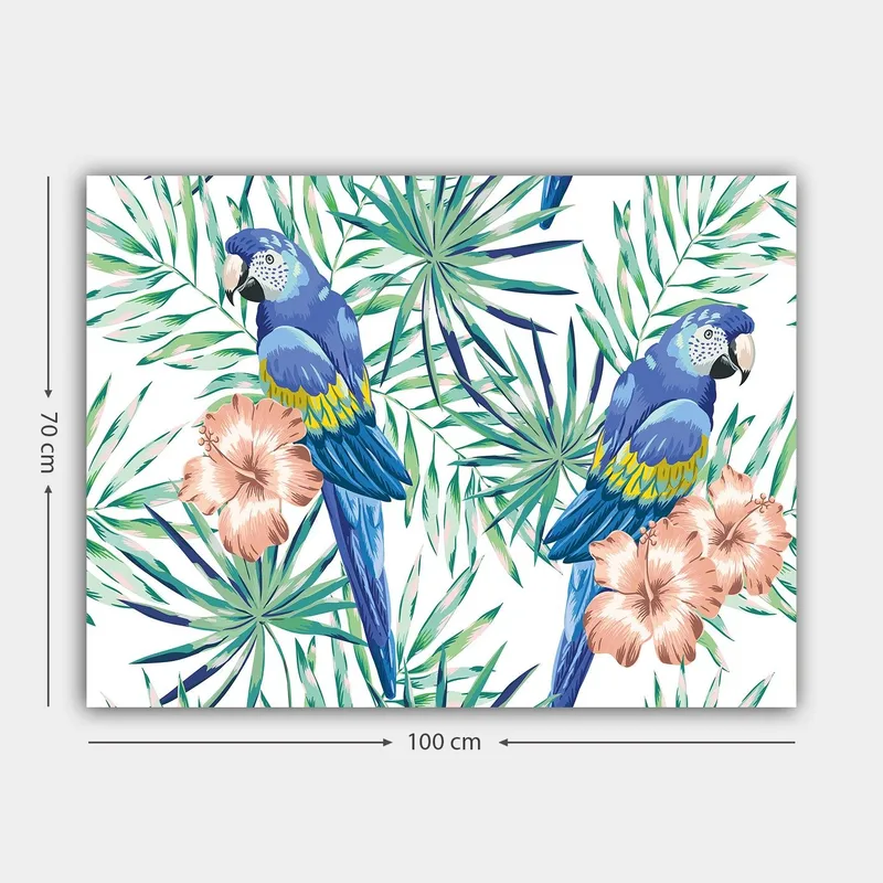 Canvastavla 70x100 cm - Två färgglada papegojor omgivna av tropiska växter och blommor - Blå / Grön / Rosa - Inredning - Tavlor & konst - Canvastavlor