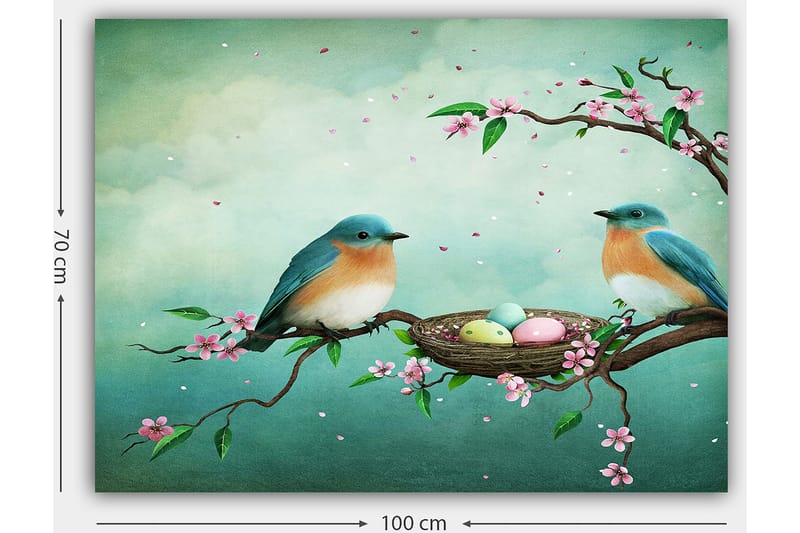 Canvastavla 70x100 cm - Två fåglar sitter på en gren bredvid ett bo med ägg, omgivna av blommor - Turkos / Aprikos / Rosa - Inredning - Tavlor & konst - Canvastavlor