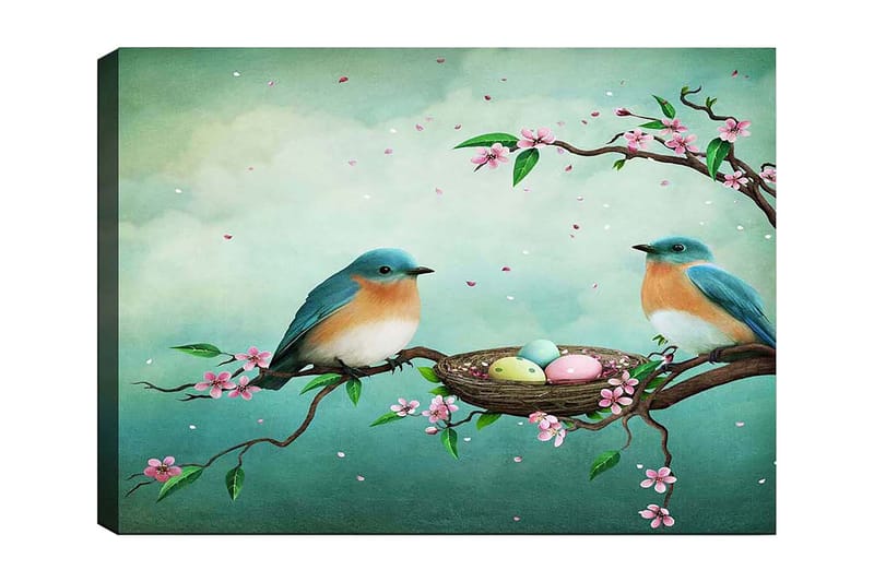 Canvastavla 70x100 cm - Två fåglar sitter på en gren bredvid ett bo med ägg, omgivna av blommor, Turkos / Aprikos / Rosa