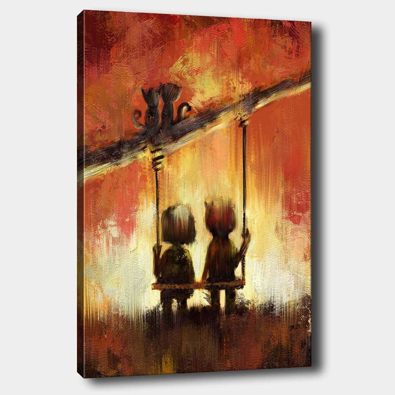 Canvastavla 70x100 cm - Två figurer som sitter på en gunga under en varm, färgsprakande himmel - Röd / Orange / Gul - Inredning - Tavlor & konst - Canvastavlor