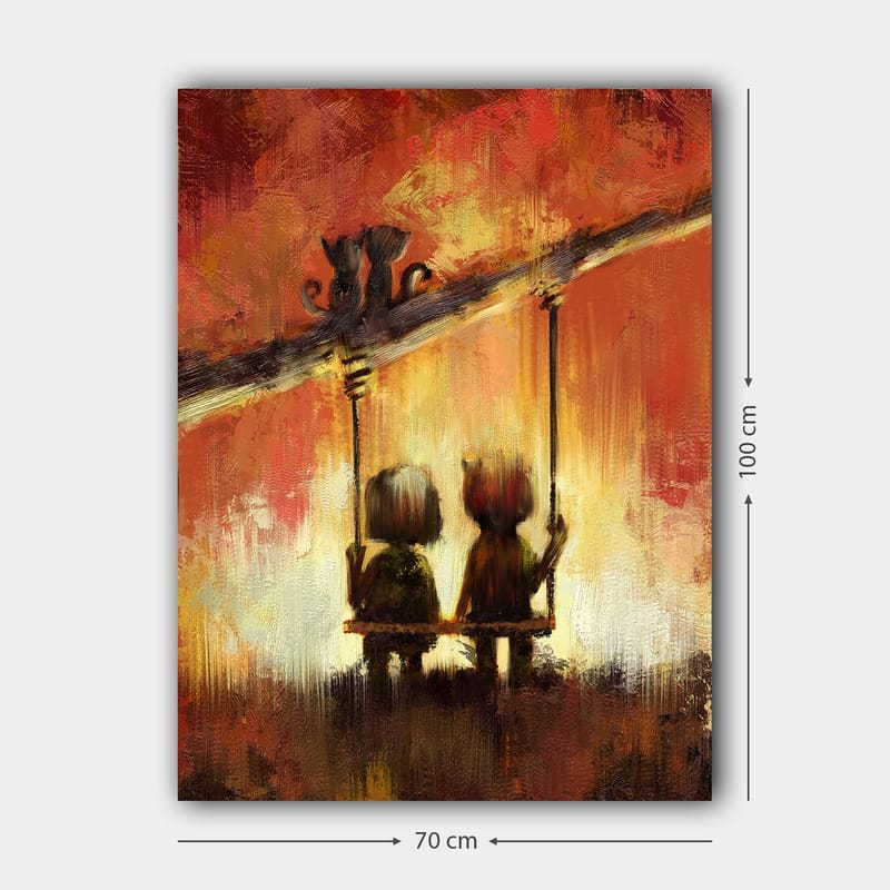 Canvastavla 70x100 cm - Två figurer som sitter på en gunga under en varm, färgsprakande himmel - Röd / Orange / Gul - Inredning - Tavlor & konst - Canvastavlor