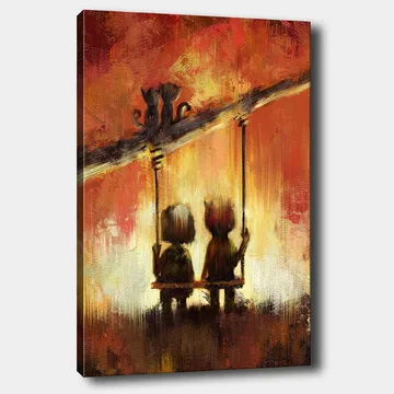 Canvastavla 70x100 cm - Två figurer som sitter på en gunga under en varm, färgsprakande himmel - Röd / Orange / Gul - Inredning - Tavlor & konst - Canvastavlor