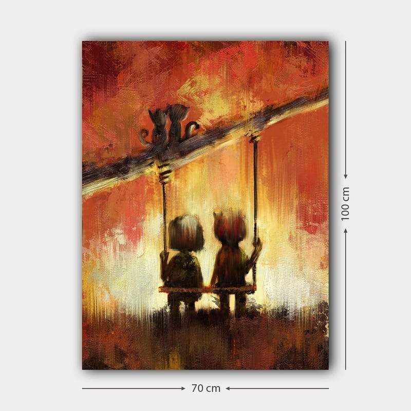 Canvastavla 70x100 cm - Två figurer som sitter på en gunga under en varm, färgsprakande himmel - Röd / Orange / Gul - Inredning - Tavlor & konst - Canvastavlor