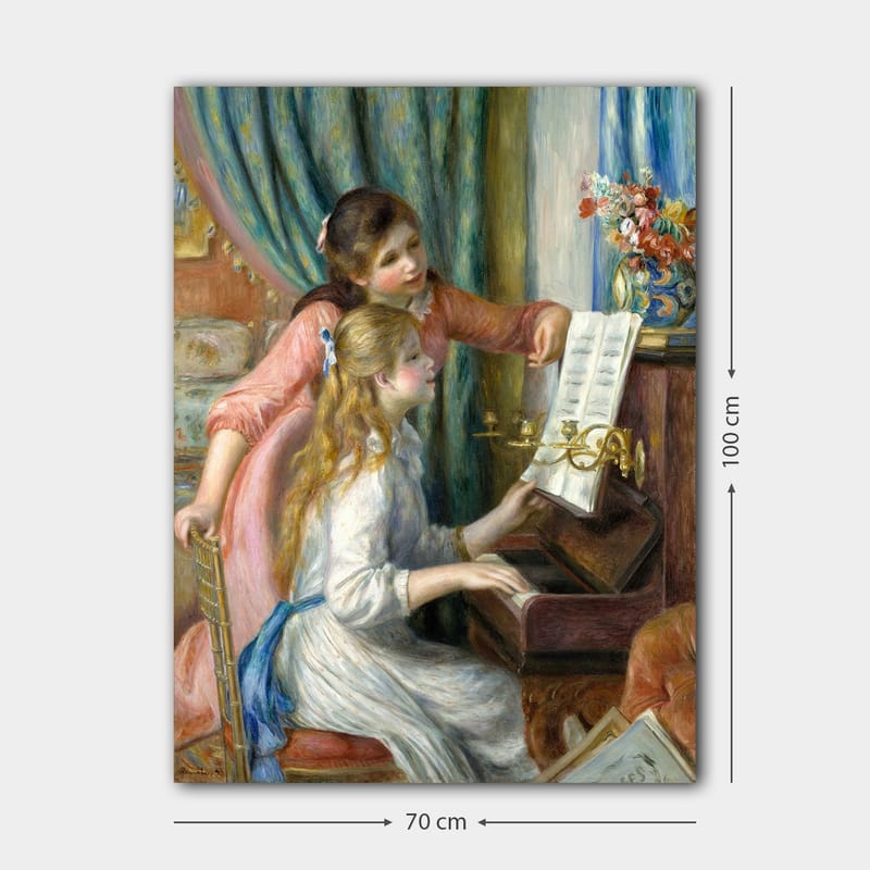 Canvastavla 70x100 cm - Två flickor som spelar piano tillsammans, där den ena flickan pekar på noterna - Rosa / Vit / Blå - Inredning - Tavlor & konst - Canvastavlor