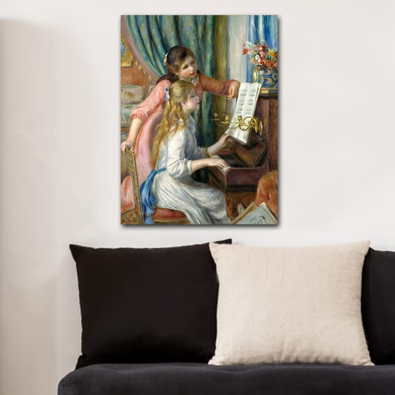 Canvastavla 70x100 cm - Två flickor som spelar piano tillsammans, där den ena flickan pekar på noterna - Rosa / Vit / Blå - Inredning - Tavlor & konst - Canvastavlor