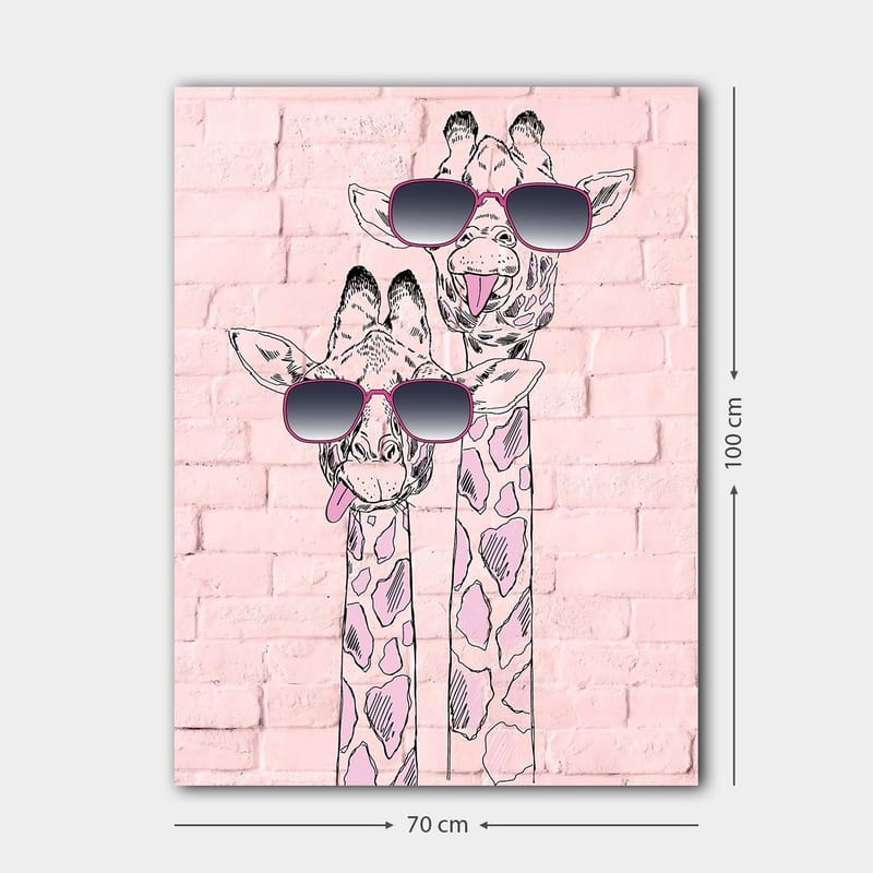 Canvastavla 70x100 cm - Två giraffer med solglasögon som sticker ut med sina lekfulla uttryck - Rosa / Svart / Vit - Inredning - Tavlor & konst - Canvastavlor