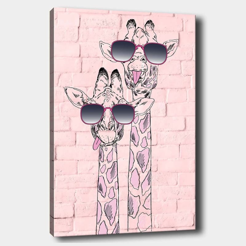 Canvastavla 70x100 cm - Två giraffer med solglasögon som sticker ut med sina lekfulla uttryck, Rosa / Svart / Vit