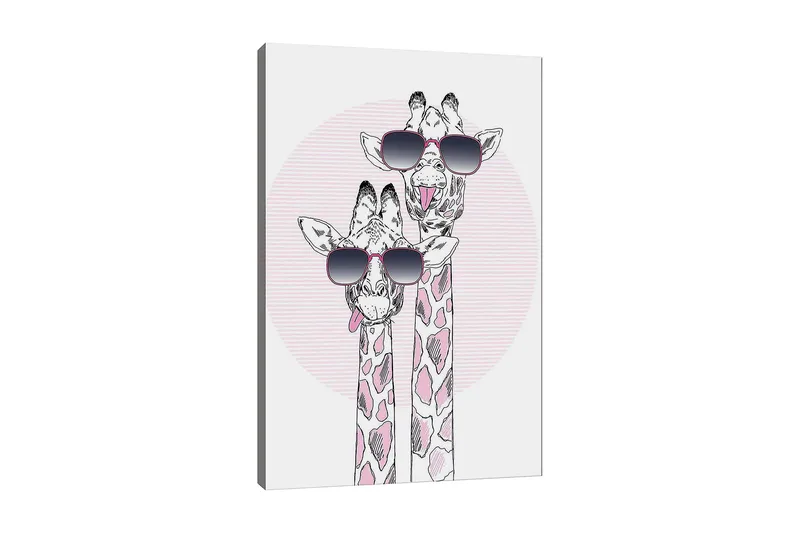 Canvastavla 70x100 cm - Två giraffer med solglasögon som visar en lekfull och modern stil, Rosa / Svart / Vit