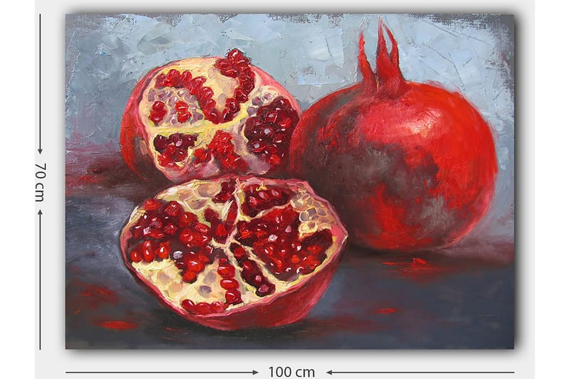 Canvastavla 70x100 cm - Två granatäpplen, ett helt och ett delat, som visar sina saftiga kärnor - Röd / Beige - Inredning - Tavlor & konst - Canvastavlor