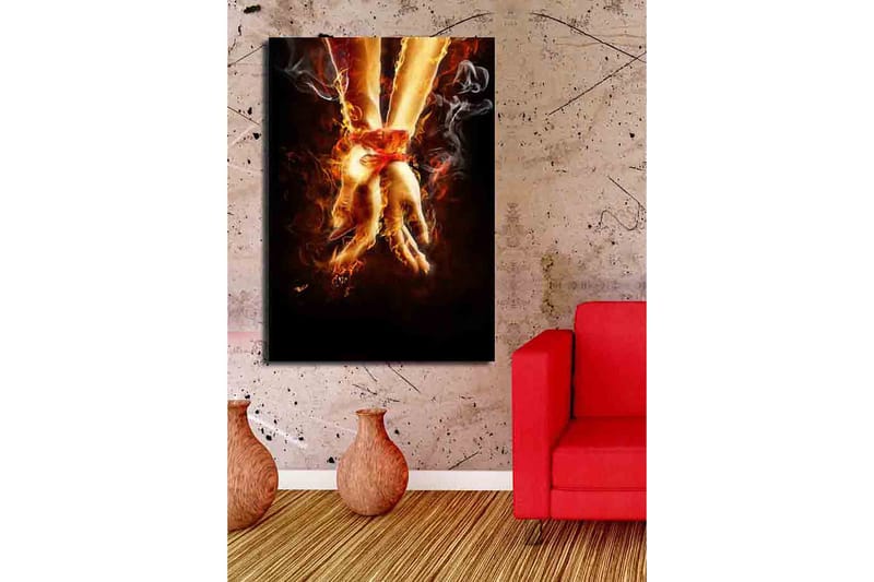 Canvastavla 70x100 cm - Två händer som är sammanbundna med ett rött band, omgivna av eld och rök - Orange / Röd / Beige - Inredning - Tavlor & konst - Canvastavlor