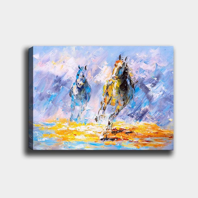 Canvastavla 70x100 cm - Två hästar som galopperar framåt i en dynamisk och färgstark komposition, Blå / Gul / Orange
