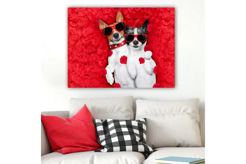 Canvastavla 70x100 cm - Två hundar som ligger tillsammans på en röd blomsterbakgrund, iförda solglasögon - Röd / Vit / Svart - Inredning - Tavlor & konst - Canvastavlor