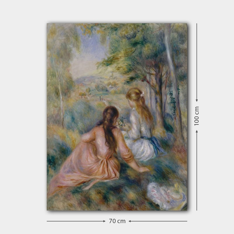 Canvastavla 70x100 cm - Två kvinnor som sitter i en grönskande miljö och plockar blommor - Rosa / Vit / Grön - Inredning - Tavlor & konst - Canvastavlor