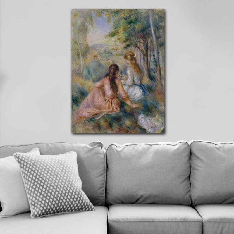 Canvastavla 70x100 cm - Två kvinnor som sitter i en grönskande miljö och plockar blommor - Rosa / Vit / Grön - Inredning - Tavlor & konst - Canvastavlor