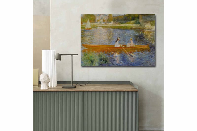 Canvastavla 70x100 cm - Två kvinnor som paddlar i en båt på en spegelblanka sjö - Orange / Blå / Grön - Inredning - Tavlor & konst - Canvastavlor