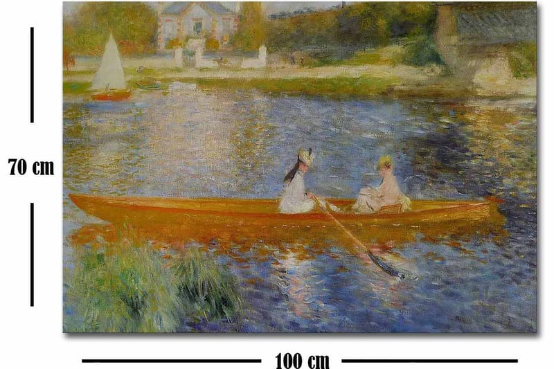 Canvastavla 70x100 cm - Två kvinnor som paddlar i en båt på en spegelblanka sjö - Orange / Blå / Grön - Inredning - Tavlor & konst - Canvastavlor