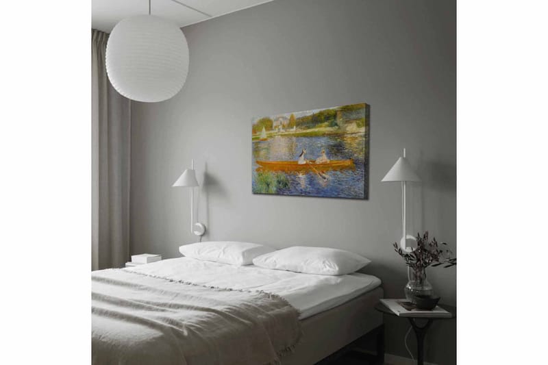 Canvastavla 70x100 cm - Två kvinnor som paddlar i en båt på en spegelblanka sjö - Orange / Blå / Grön - Inredning - Tavlor & konst - Canvastavlor