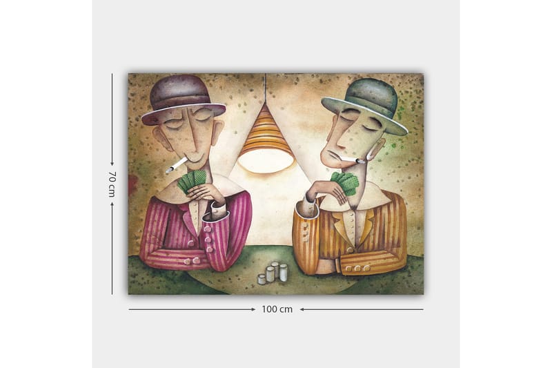 Canvastavla 70x100 cm - Två män som spelar kort under en lampa, med cigaretter i munnen och en koncentrerad min - Lila / Grön / Beige - Inredning - Tavlor & konst - Canvastavlor