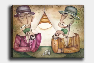Canvastavla 70x100 cm - Två män som spelar kort under en lampa, med cigaretter i munnen och en koncentrerad min - Lila / Grön / Beige - Inredning - Tavlor & konst - Canvastavlor