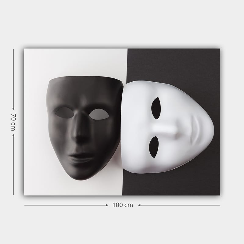 Canvastavla 70x100 cm - Två masker, en svart och en vit, som symboliserar kontrasterande känslor eller identiteter - Svart / Vit - Inredning - Tavlor & konst - Canvastavlor