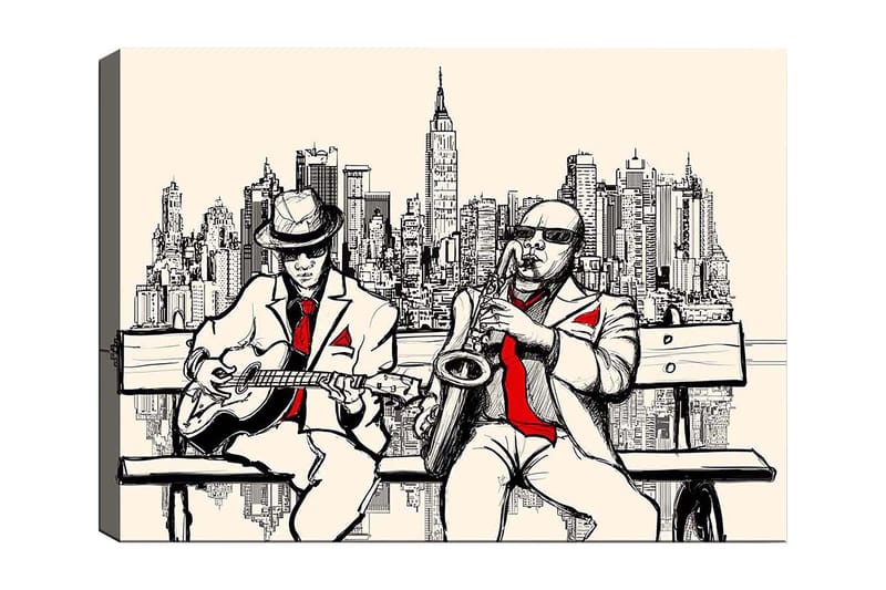 Canvastavla 70x100 cm - Två musiker på en bänk med New York som siluett, Beige / Svart / Röd