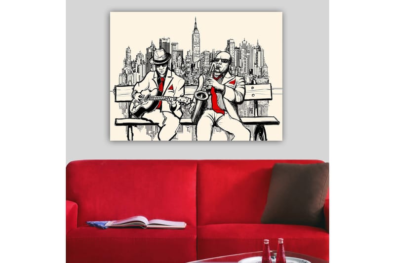 Canvastavla 70x100 cm - Två musiker på en bänk med New York som siluett - Beige / Svart / Röd - Inredning - Tavlor & konst - Canvastavlor