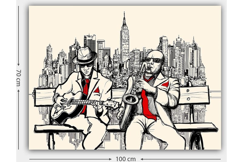 Canvastavla 70x100 cm - Två musiker på en bänk med New York som siluett - Beige / Svart / Röd - Inredning - Tavlor & konst - Canvastavlor